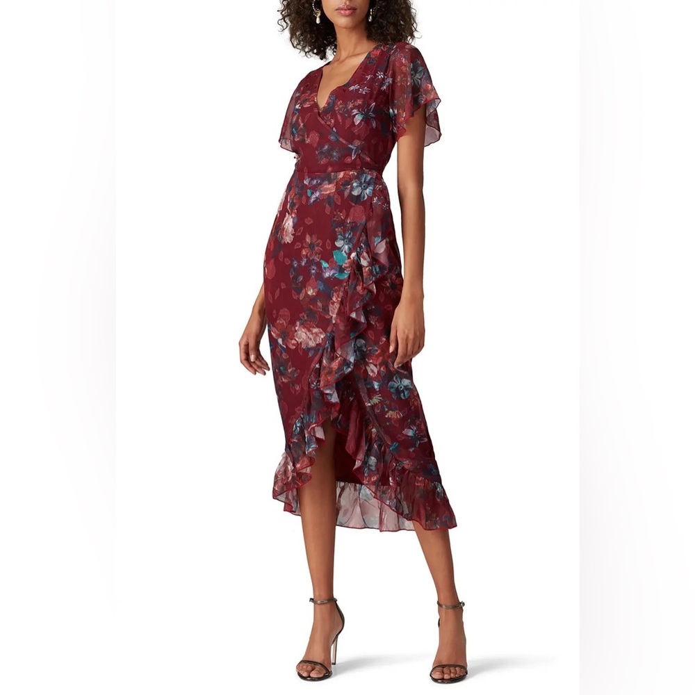 VONE Mireya Floral Ruffle Faux Wrap Midi Dress